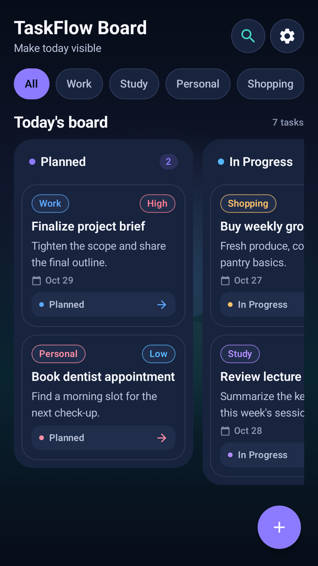 TaskFlow Board task board screen